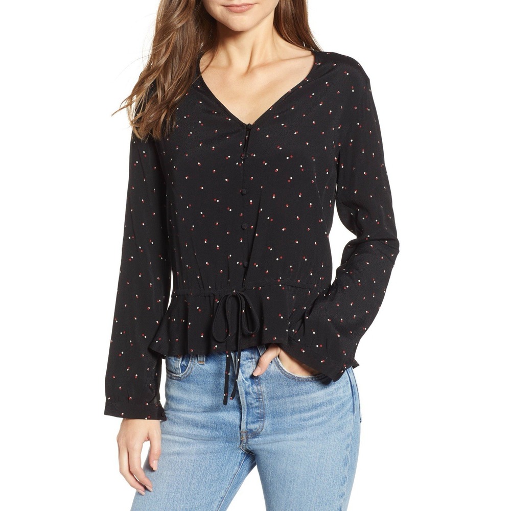 Rails Beaux Blouse Black‎ Offset Dot Button Front Top Size XS Women's Ruffle